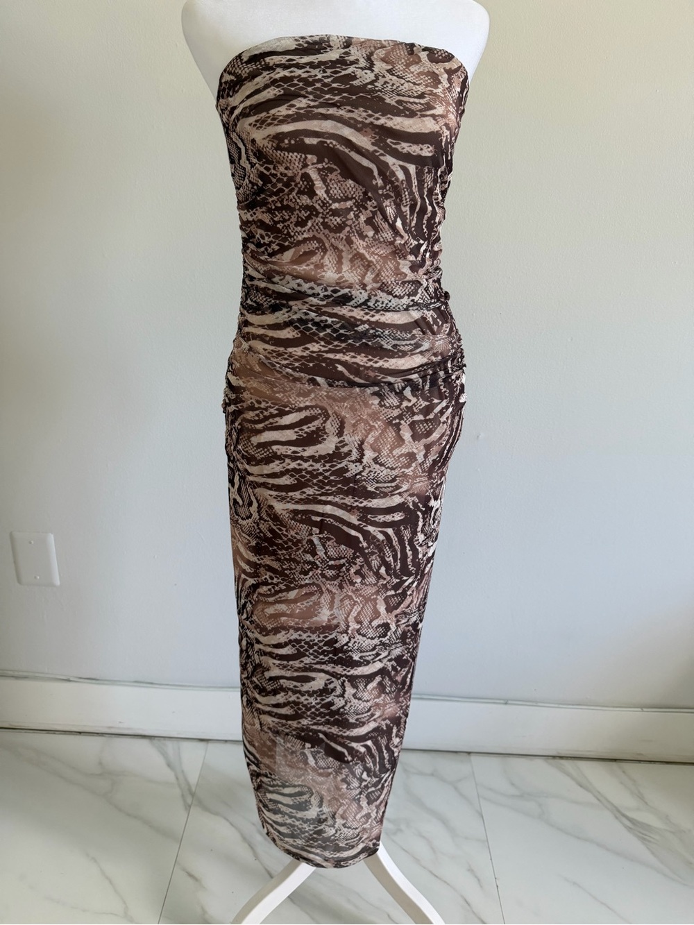 Strapless Brown Animal-Print Bodycon Midi Dress
